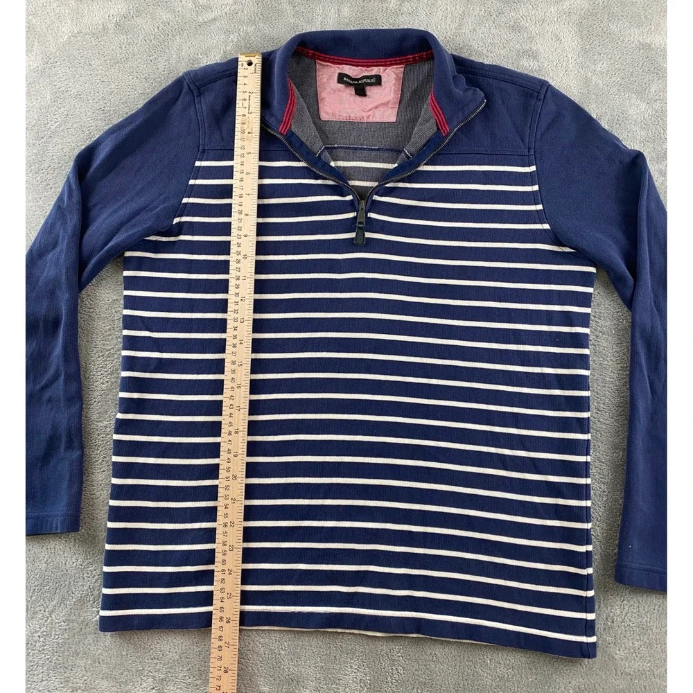 Banana Republic Mens Navy Blue White Striped Quarter Zip Pullover Sweater Large